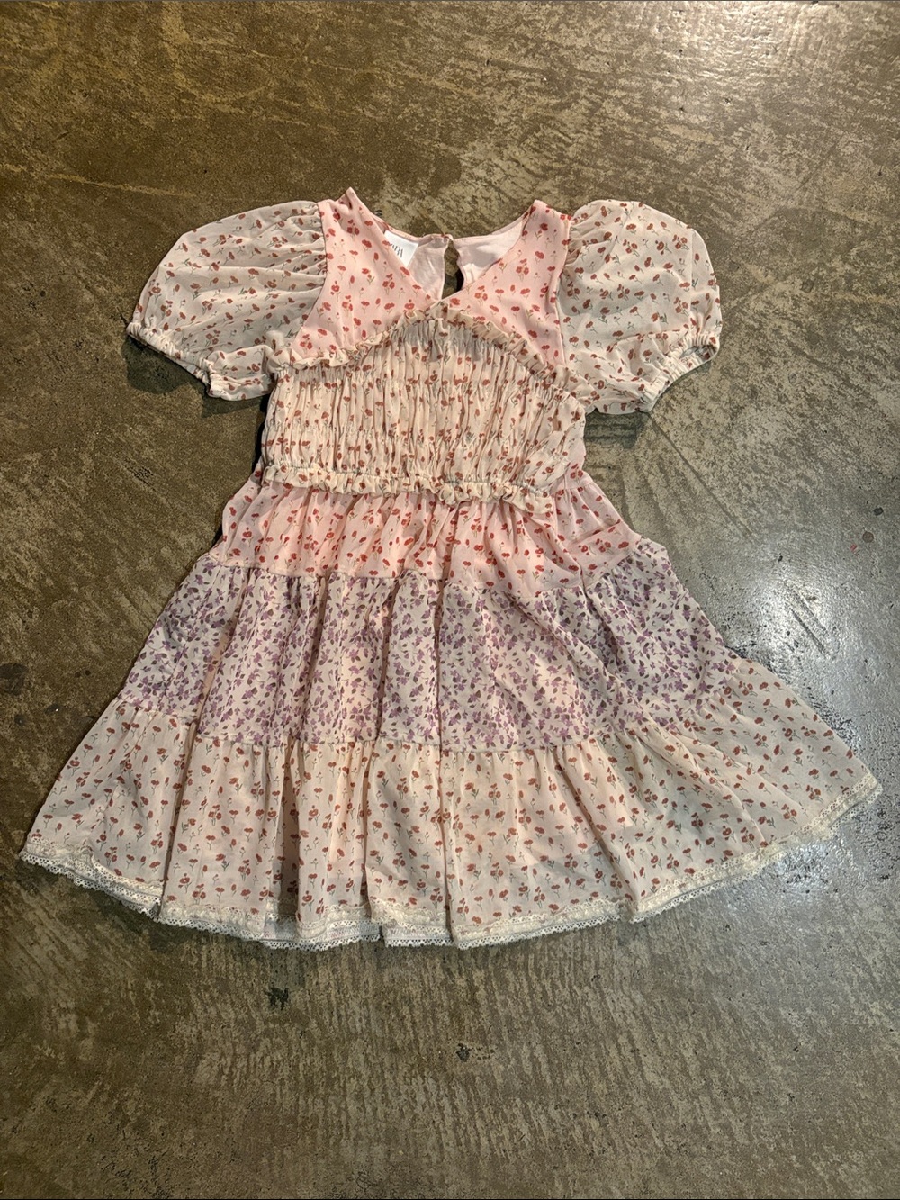 Zara Pink Floral chiffon Tiered Puff-Sleeve Girls Dress